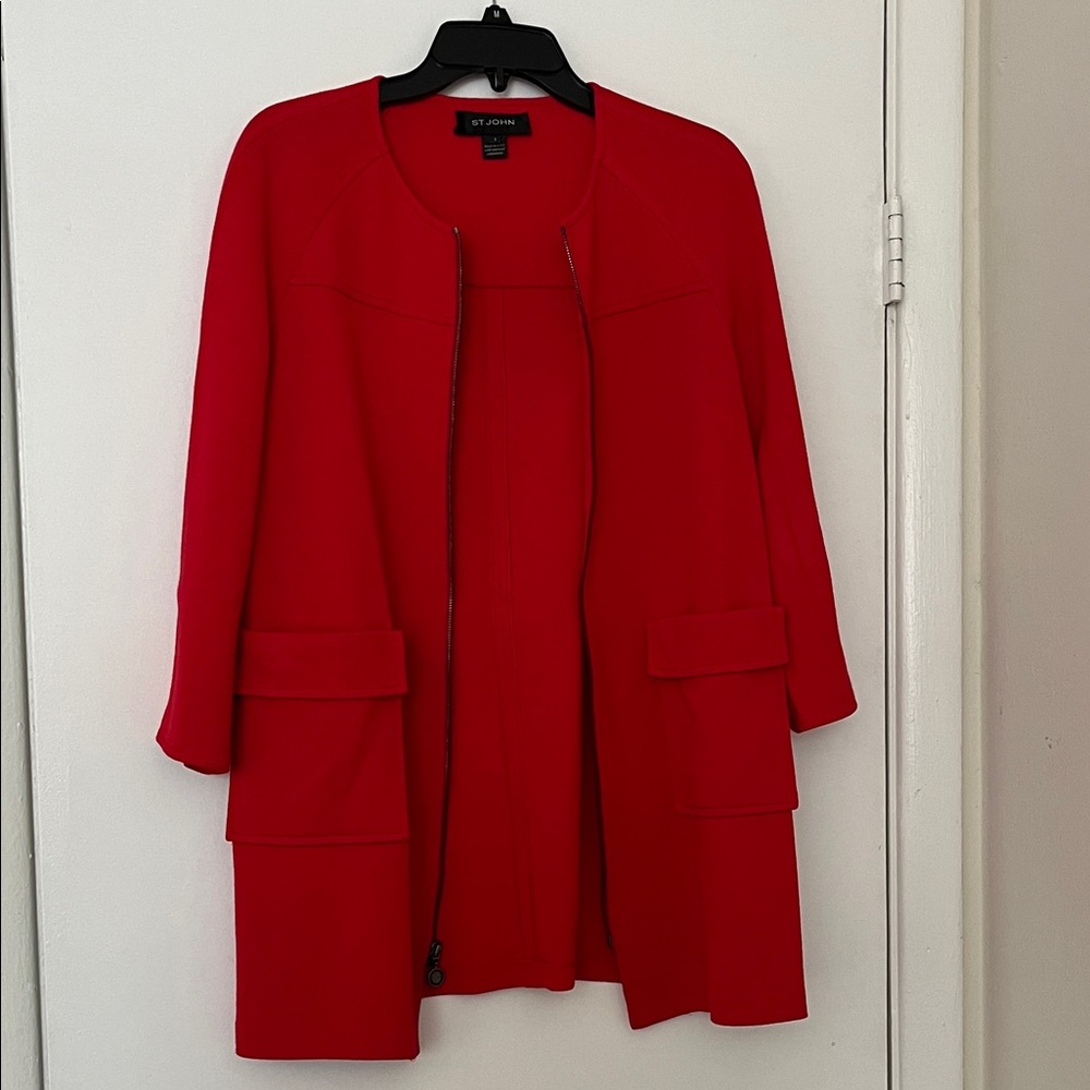St. John Red Open-Front Long Blazer Coat